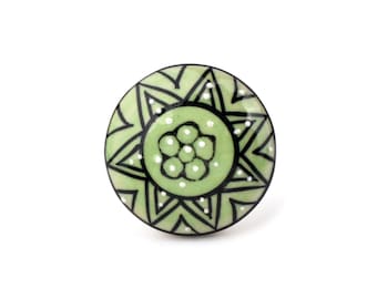 Pomello in ceramica verde salvia con motivo geometrico a fiore, realizzato a mano - Maniglia decorativa a stella per cassetti di comò (set da 1 pomello)