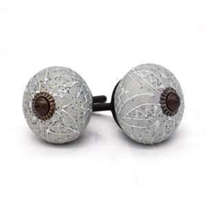 Gray ceramic knobs with hand-painted white mandala floral pattern, bronze back, threaded metal screw, home decor hardware