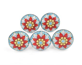 Żywy czerwony słonecznikowy ceramiczny uchwyt do szafki, ręcznie wykonany, dekoracyjny uchwyt do szuflady w stylu boho