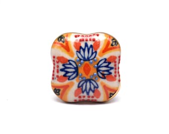 Moroccan Drawer Knob: Mosaic Ceramic Square, Bright Orange, Hand Painted Pull(Set of 1 Knob)