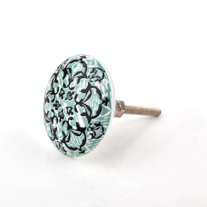 Handcrafted Teal and Black Damask Ceramic Knob - Mint Green Ornate Decorative Cabinet Pull for Dresser (Set of 1 Knob)
