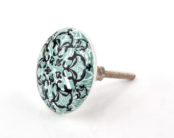 Pomello in ceramica damascata turchese e nera, realizzato a mano - Maniglia decorativa verde menta per mobiletto o comò (set da 1 pomello)