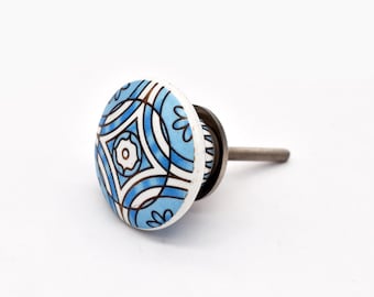 Handcrafted Light Blue and White Geometric Ceramic Hand-Painted Moroccan Pattern Cabinet Pull (Set of 1 Knob)