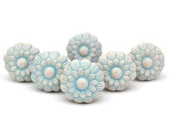 Mate Flower ladegrepen - lichtblauwe en witte bloemen kastknoppen, meubelbeslag (set van 1 knop)