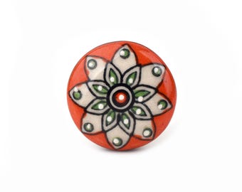Pomello in ceramica arancione con mandala floreale, realizzato a mano - Maniglia decorativa a forma di loto dai colori vivaci per cassetti di comò (set da 1 pomello)