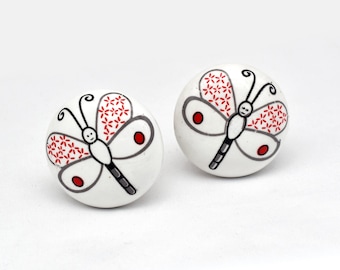 Knob White Ceramic Butterfly: Hand Painted Vintage Bronze Pull(Set of 1 Knob)
