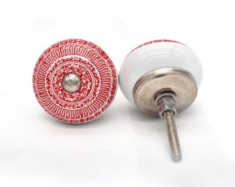 Ceramic knobs Red and White Mandala Hand Painted Round Cabinet Knob(Set of 1 Knob)
