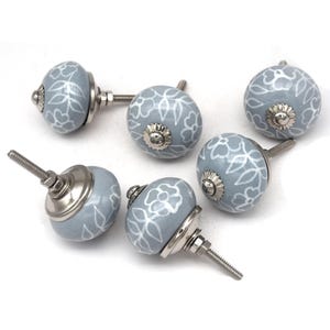 Hand Painted Ceramic Knobs, Grey White Flower Design, Cabinet Drawer Pulls(Set of 1 Knob)
