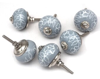 Hand Painted Ceramic Knobs, Grey White Flower Design, Cabinet Drawer Pulls(Set of 1 Knob)