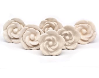 ホワイトローズノブ セラミックプル：フレンチカントリーフラワー引き出しハンドル（ノブ1個セット）