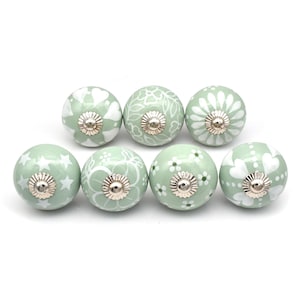 Bouton floral rond en céramique verte et blanche : poignée de tiroir mandala peinte à la main (lot de 1 bouton)