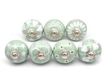 Round Floral Knob Green White Ceramic: Hand Painted Mandala Drawer Pull(Set of 1 Knob)
