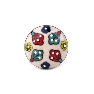 Handcrafted Multicolored Calico Floral Ceramic Knob - Unique Hand-Painted Red, Teal, and Yellow Decorative Cabinet Pull (Set of 1)