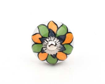 Ceramic Knob Green Orange White Floral: Hand Painted Drawer Pull(Set of 1 Knob)