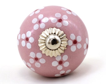 Dressoirknop lichtroze keramiek rond handgeschilderd bladontwerp (set van 1 knop)