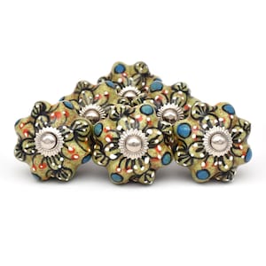 Handpainted Green Flower Ceramic Knobs: Pumpkin Shape