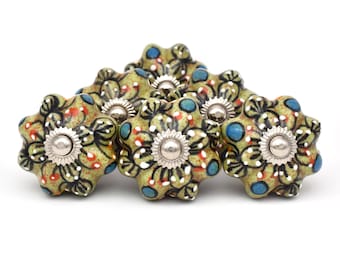 Handpainted Green Flower Ceramic Knobs: Pumpkin Shape(Set of 1 Knob)