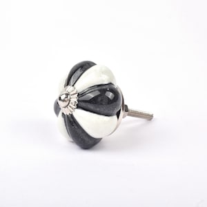 Peut inclure: Bouton de meuble décoratif à rayures noires et blanches. Le bouton a une forme arrondie, avec une base et une vis en métal argenté. Les rayures alternent entre le noir et le blanc, créant un contraste visuel attrayant. Idéal pour les tiroirs.