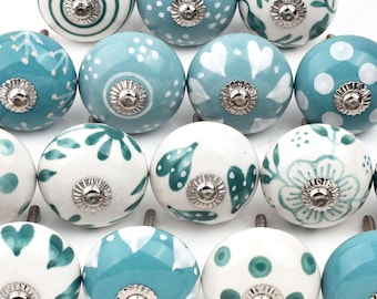 Hand Painted Ceramic Cabinet Knob, Turquoise Green Assorted Designs(Set of 1 Knob)