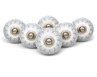 Witte ronde keramische knop, grijs gespikkeld kastbeslag (set van 1 knop)