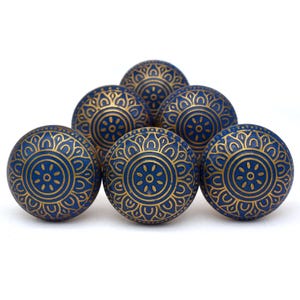 Blue and gold brass cabinet/drawer knob with Mughal floral motif, round brass hardware, mounting bolt.