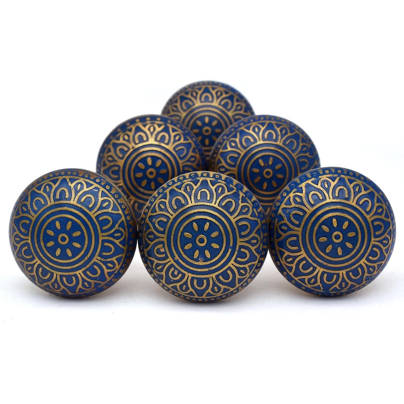 Blue and gold brass cabinet/drawer knob with Mughal floral motif, round brass hardware, mounting bolt.