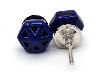 ブルー六角形セラミックノブ、ヴィンテージスタイルのキャビネットハードウェア（ノブ1個セット）