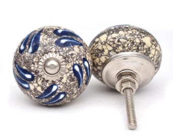 Perilla de cerámica para gabinete con diseño de hoja azul pintada a mano, tirador para cajón de muebles (juego de 1 perilla)