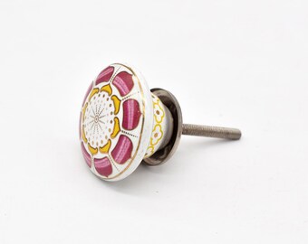 Handcrafted Magenta and Gold Mandala Ceramic Floral Cabinet Pull (Set of 1 Knob)