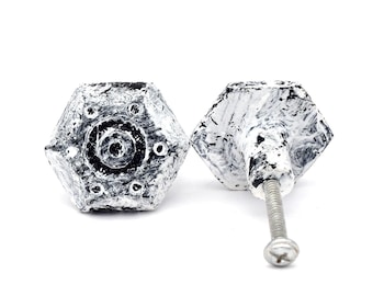 Rustic Cast Iron Cabinet Pull: White Hexagon Knob(Set of 1 Knob)