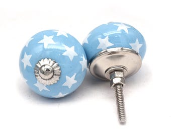 Ceramic Blue Star Print Knobs: Drawer or Cabinet Handle(Set of 1 Knob)