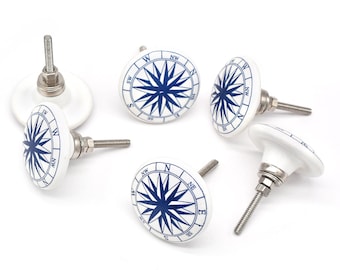 Pomelli per cassetti in ceramica con motivo a rosa dei venti blu: motivo floreale bianco dipinto a mano (set da 1 pomello)