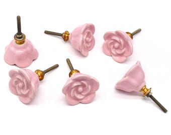 ローズノブ ピンクセラミックキャビネット金具：子供部屋の装飾用花柄引き出し取っ手（ノブ1個セット）