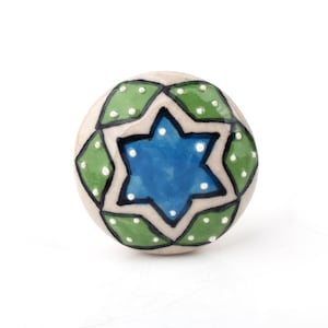 Handcrafted Blue and Green Geometric Star Ceramic Knob - Decorative Hand-Painted Cabinet Pull for Dresser Drawers (Set of 1 Knob)