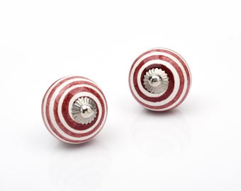 Hand-Painted Ceramic Cabinet Knob: Red White Swirl Drawer Pull (Set of 1 Knob)