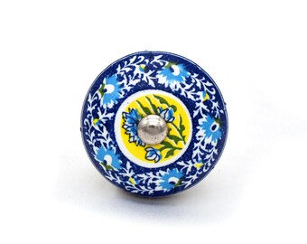 Hand-Painted Ceramic Drawer Knob: Blue, Yellow, and White(Set of 1 Knob)