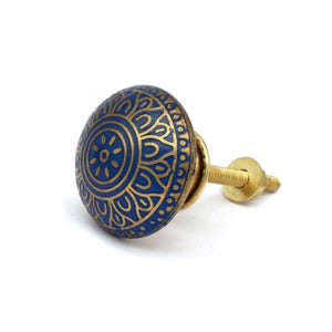 Blue and gold brass cabinet/drawer knob with Mughal floral motif, round brass hardware, mounting bolt.