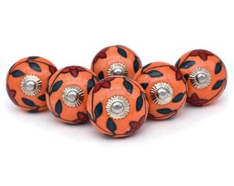 Pomelli in ceramica arancione dipinti a mano, maniglie per cassetti con motivi floreali (set da 1 pomello)