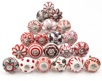 Unique Handle Pull Red White Ceramic: Hand-Painted Round Dresser Knob Rustic Decor(Set of 1 Knob)