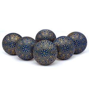 Blue and gold brass cabinet/drawer knob with Mughal floral motif, round brass hardware, mounting bolt.