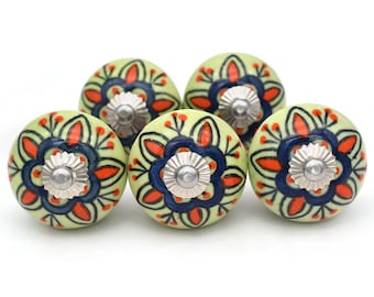 Hand-Painted Green Ceramic Flower Knob, Traditional Dresser Hardware(Set of 1 Knob)