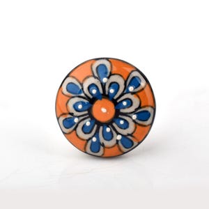 Handcrafted Orange and Blue Floral Mandala Ceramic Knob - Vibrant Petal Decorative Cabinet Pull (Set of 1 Knob)