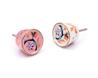 Handbeschilderde keramische kastknop, roze kersenmotief voor ladekasten, art deco beslag