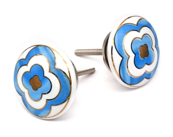 手描きの青い花柄セラミックノブ、丸型ドレッサープル（ノブ1個セット）