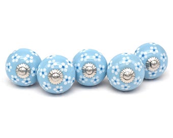 Pomelli in ceramica blu cielo con motivo floreale bianco, decorazione per mobili (set da 1 pomello)