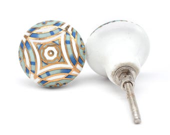Aqua Blue with Chrome Stripped Round Shape Hand Painted Ceramic knobs / Ceramic Drawer Pulls / Cabinet Knobs/ Kitchen Cabinet Knobs