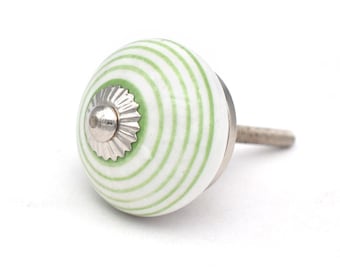 Handmade Round Ceramic Knob | Green and White Striped Cabinet Hardware(Set of 1 Knob)
