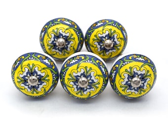 Hand-Painted Floral Ceramic Drawer Knob - Yellow & White(Set of 1 Knob)
