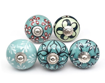 Floral Cabinet Knob: Green White Glossy Painted Ceramic, Abstract Mandala Design(Set of 1 Knob)