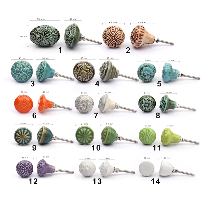 May include: A collection of twelve decorative cabinet knobs in various colours and patterns. Each knob features a round or oval shape with a metal bolt extending from the back. The designs include floral, geometric, and solid textures in shades of green, blue, orange, purple, white, and grey.